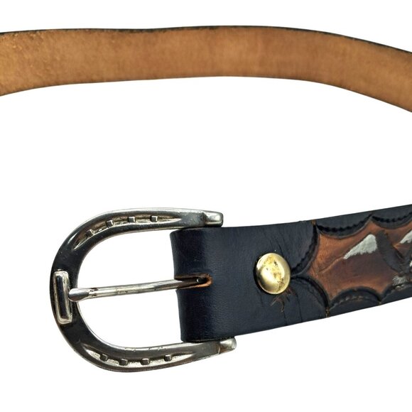 Vintage Tooled Brown Leather Belt With PNW Wildlife Design Including Eagle Ducks - Picture 7 of 13